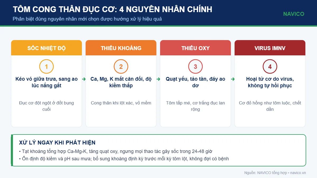 Infographic 4 nguyên nhân gây bệnh cong thân đục cơ trên tôm thẻ chân trắng